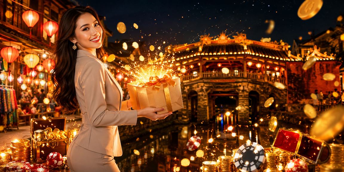 Người dùng tại chợ đêm Hội An kiểm tra voucher casino trên điện thoại
