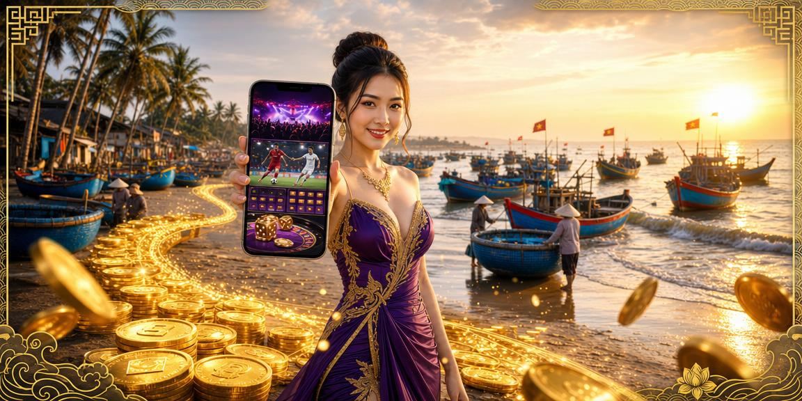 Người dùng tại Mũi Né thư giãn trên bãi biển và trải nghiệm trò chơi casino trên điện thoại